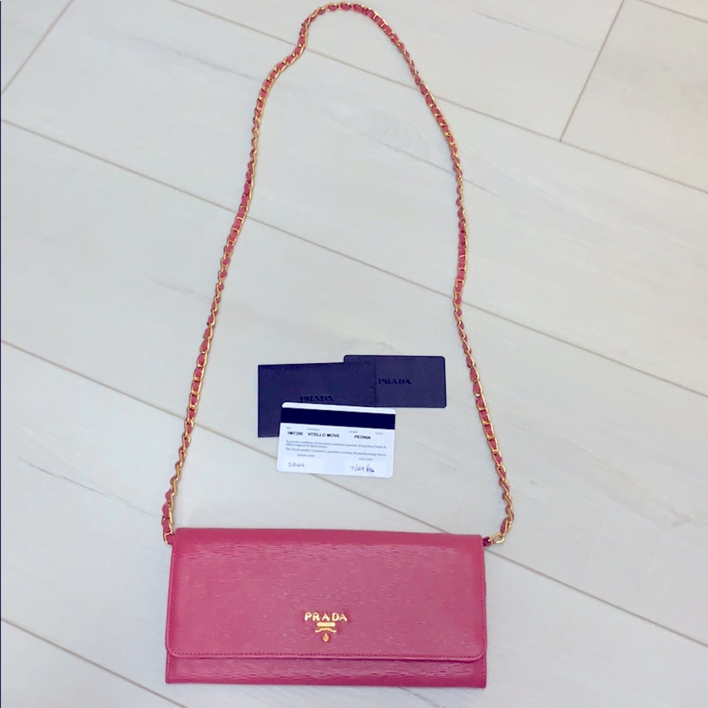 PINK Prada wallet on a chain